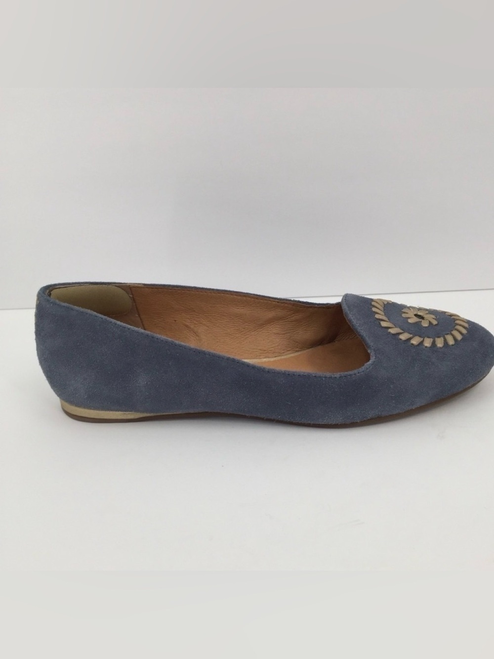 Jack Rogers Rebecca blue suede ballet flats shoe gold whipstitch women 8